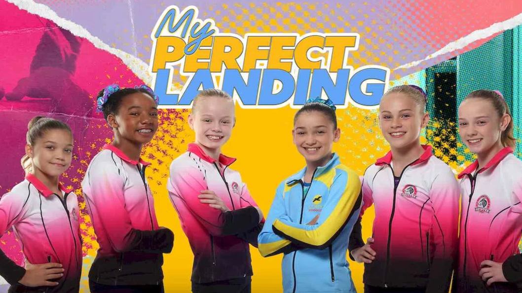 Quatre jeunes gymnastes et une entraîneuse devant un arrière-plan coloré.